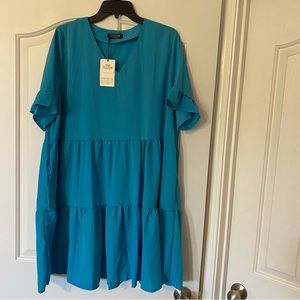 nclook Women's 2XL Cyan Casual Dress Sweet & Cute V-Neck Mini Dress Pockets